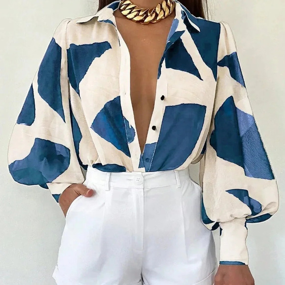 Tops - Blue Casual Women's Long Sleeve Allover Print Blouse Shirt